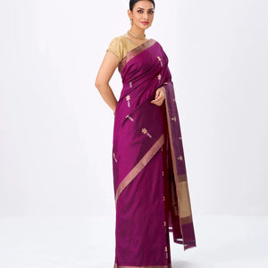 Magenta Handloom Banarasi Silk Saree With Floral Zari Buttas