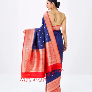 Navy Blue Handloom Banarasi Silk Saree With Flower Buttas