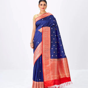 Navy Blue Handloom Banarasi Silk Saree With Flower Buttas