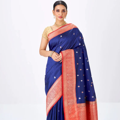 Navy Blue Handloom Banarasi Silk Saree With Flower Buttas