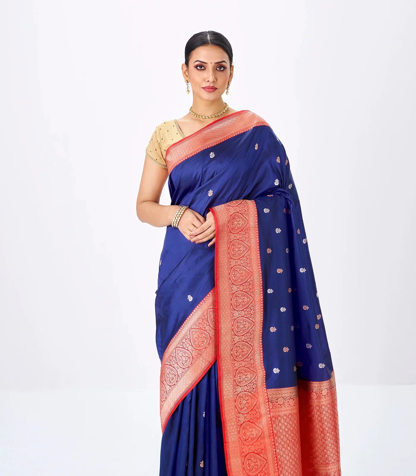Navy Blue Handloom Banarasi Silk Saree With Flower Buttas
