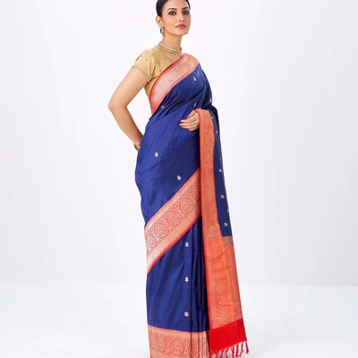 Navy Blue Handloom Banarasi Silk Saree With Flower Buttas