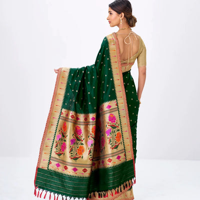 Bottle Green Handwoven Banarasi Silk Saree With Floral Buttas