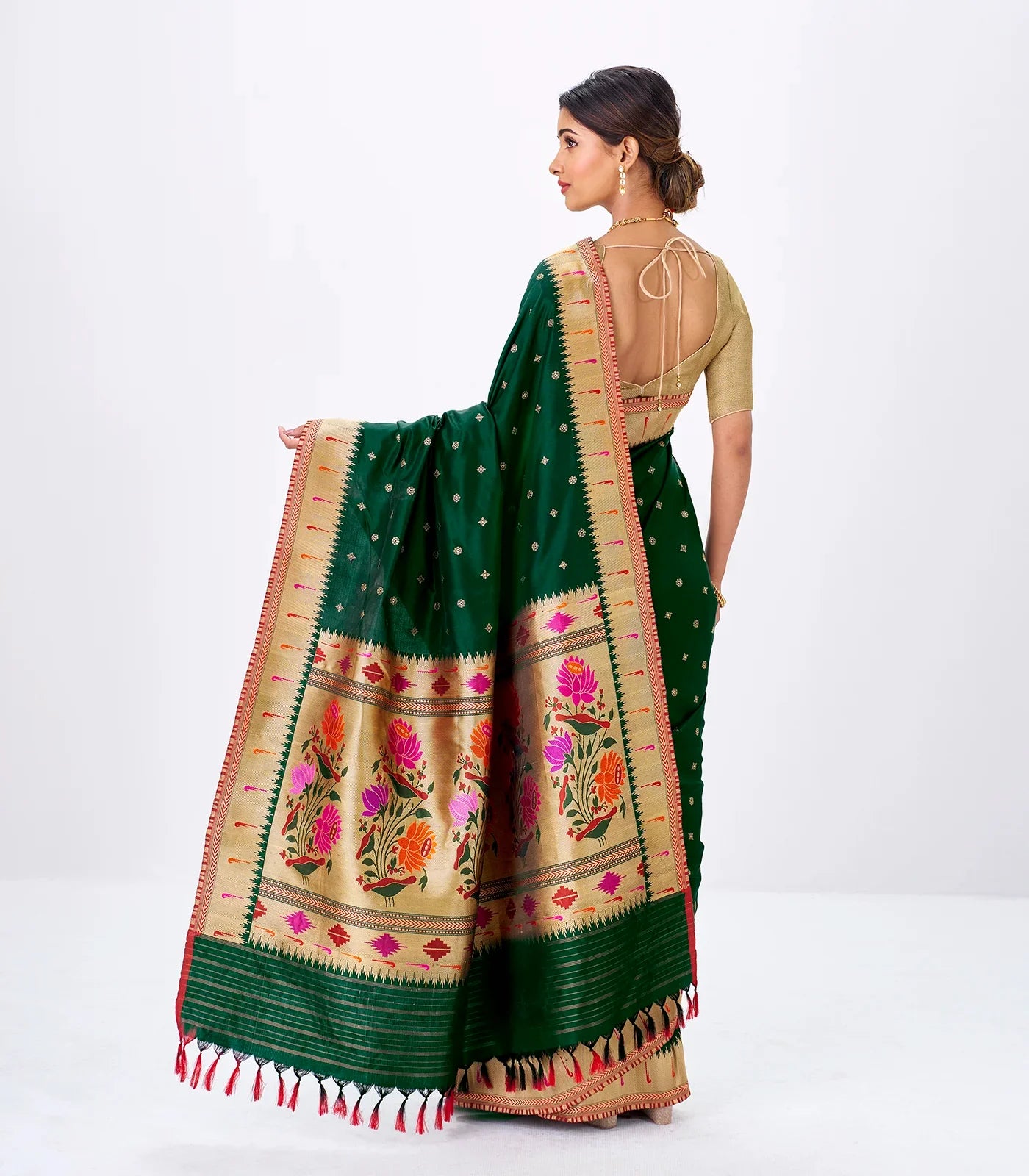 Bottle Green Handwoven Banarasi Silk Saree With Floral Buttas