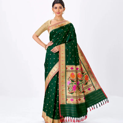 Bottle Green Handwoven Banarasi Silk Saree With Floral Buttas