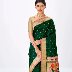 Bottle Green Handwoven Banarasi Silk Saree With Floral Buttas