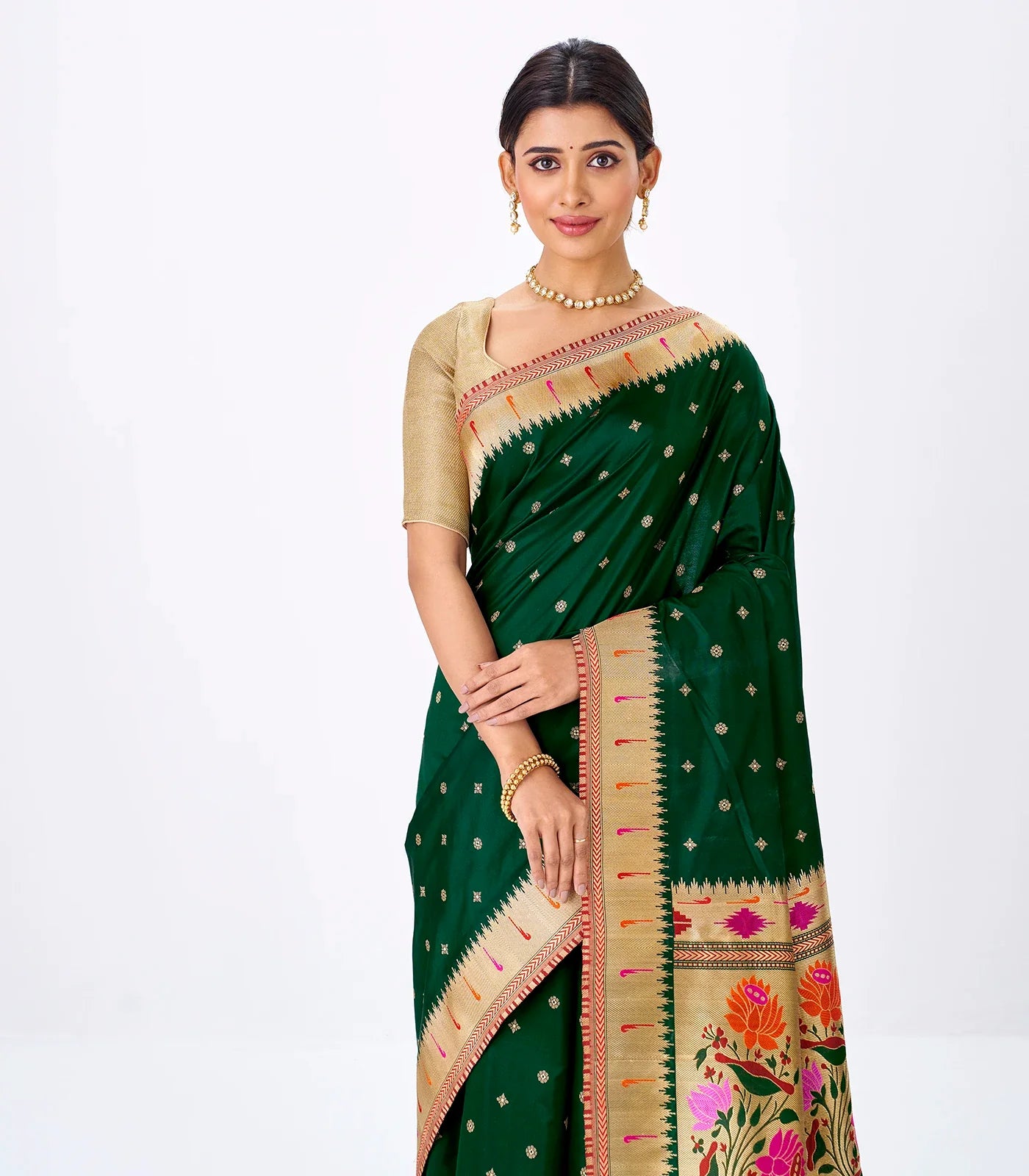 Bottle Green Handwoven Banarasi Silk Saree With Floral Buttas