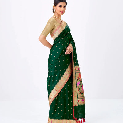 Bottle Green Handwoven Banarasi Silk Saree With Floral Buttas