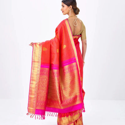 Orange Handloom Kanchipuram Silk Saree With Zari Checks & Buttas