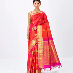 Orange Handloom Kanchipuram Silk Saree With Zari Checks & Buttas