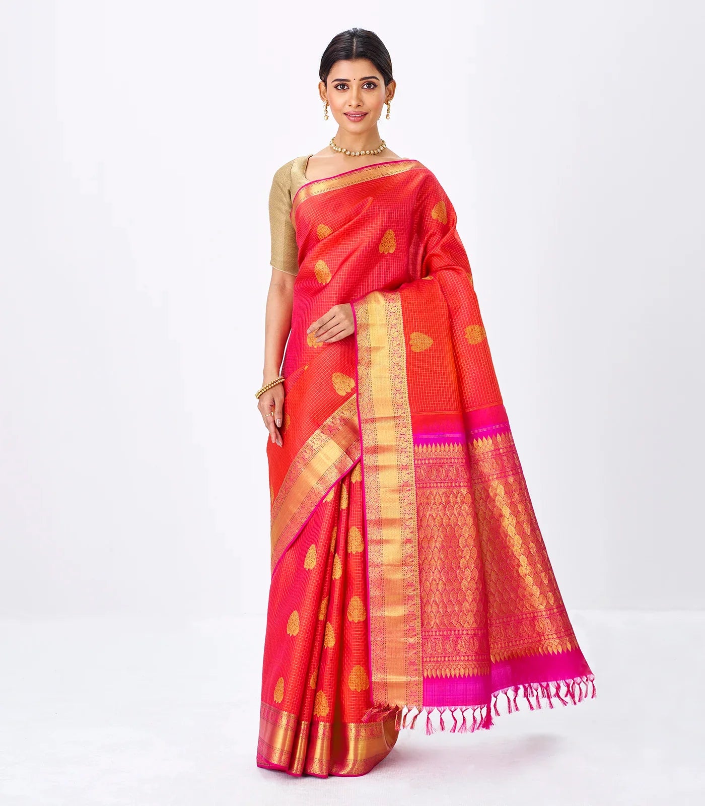 Orange Handloom Kanchipuram Silk Saree With Zari Checks & Buttas