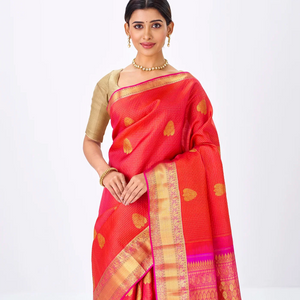 Orange Handloom Kanchipuram Silk Saree With Zari Checks & Buttas