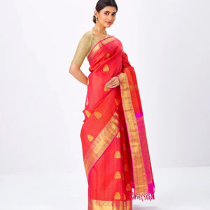 Orange Handloom Kanchipuram Silk Saree With Zari Checks & Buttas