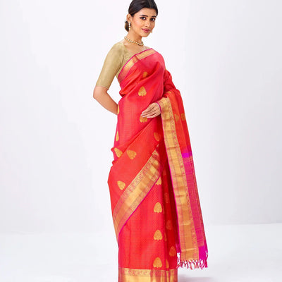 Orange Handloom Kanchipuram Silk Saree With Zari Checks & Buttas