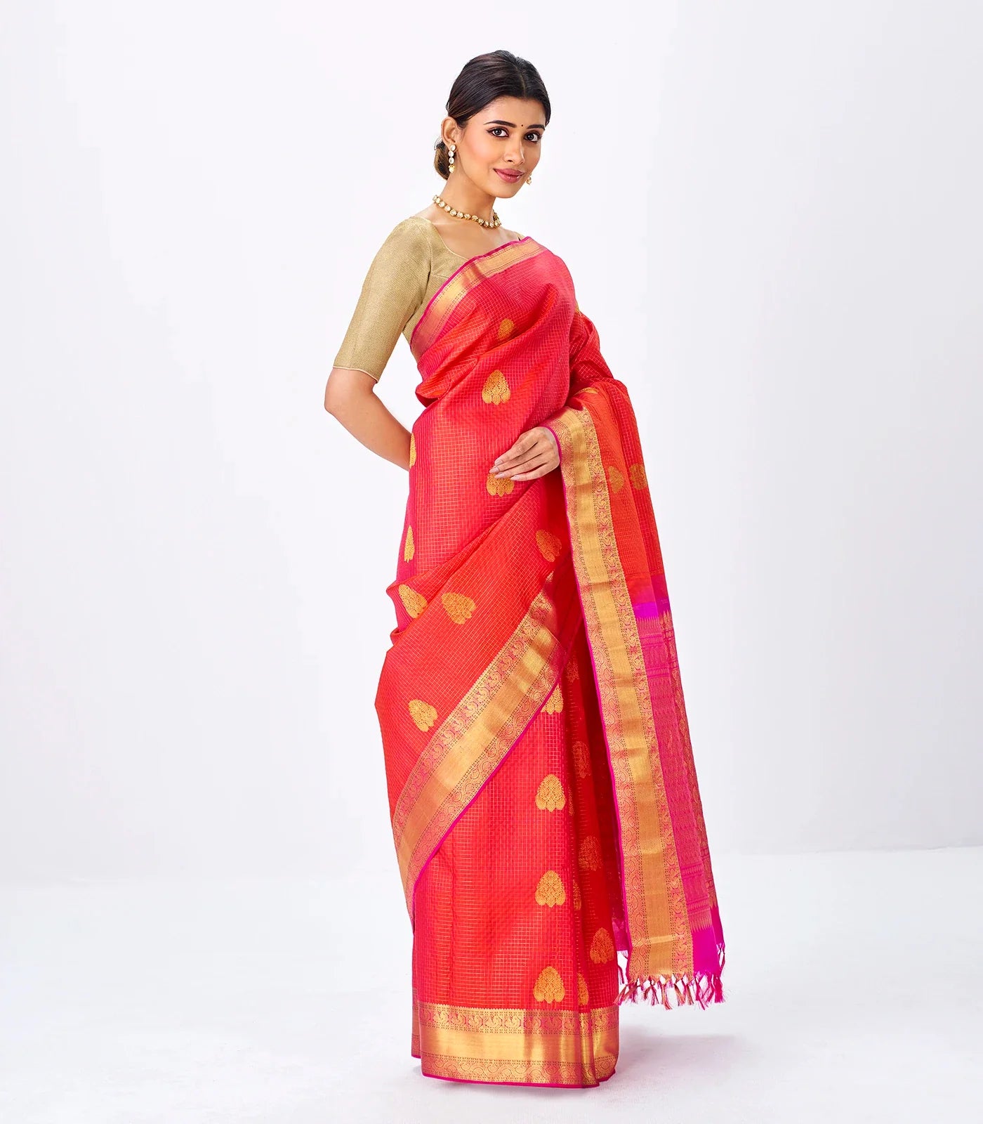 Orange Handloom Kanchipuram Silk Saree With Zari Checks & Buttas