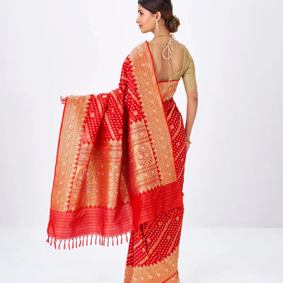 Red Handwoven Banarasi Silk Saree With Diagonal Floral Motifs