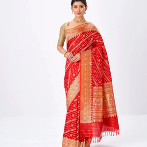 Red Handwoven Banarasi Silk Saree With Diagonal Floral Motifs