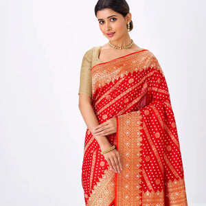 Red Handwoven Banarasi Silk Saree With Diagonal Floral Motifs