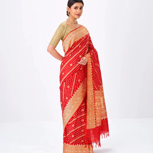 Red Handwoven Banarasi Silk Saree With Diagonal Floral Motifs
