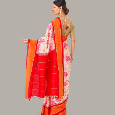 Baby Pink Handloom Silk Saree With Printed Floral Motifs & Red Border