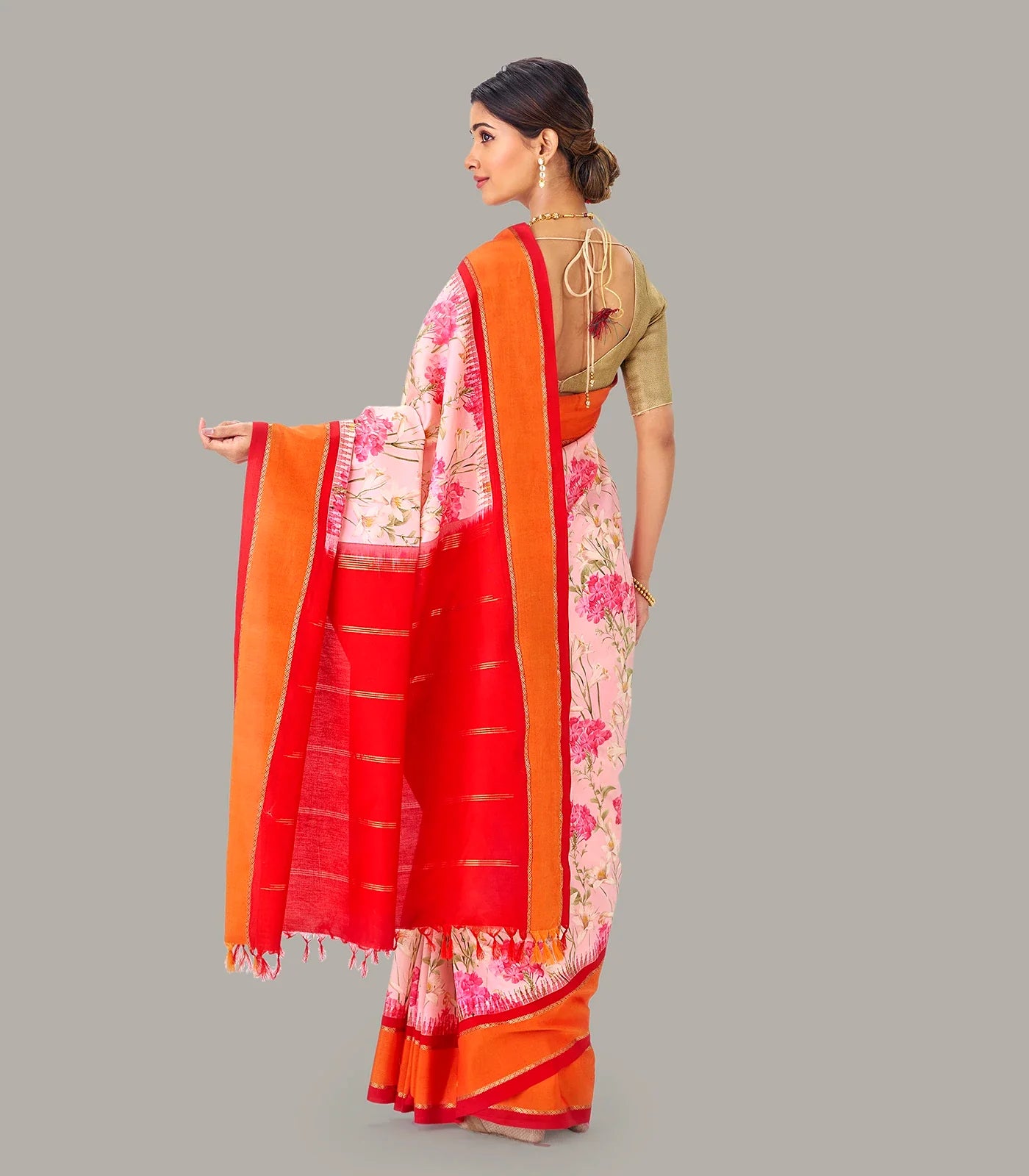 Baby Pink Handloom Silk Saree With Printed Floral Motifs & Red Border