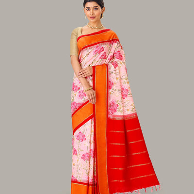 Baby Pink Handloom Silk Saree With Printed Floral Motifs & Red Border