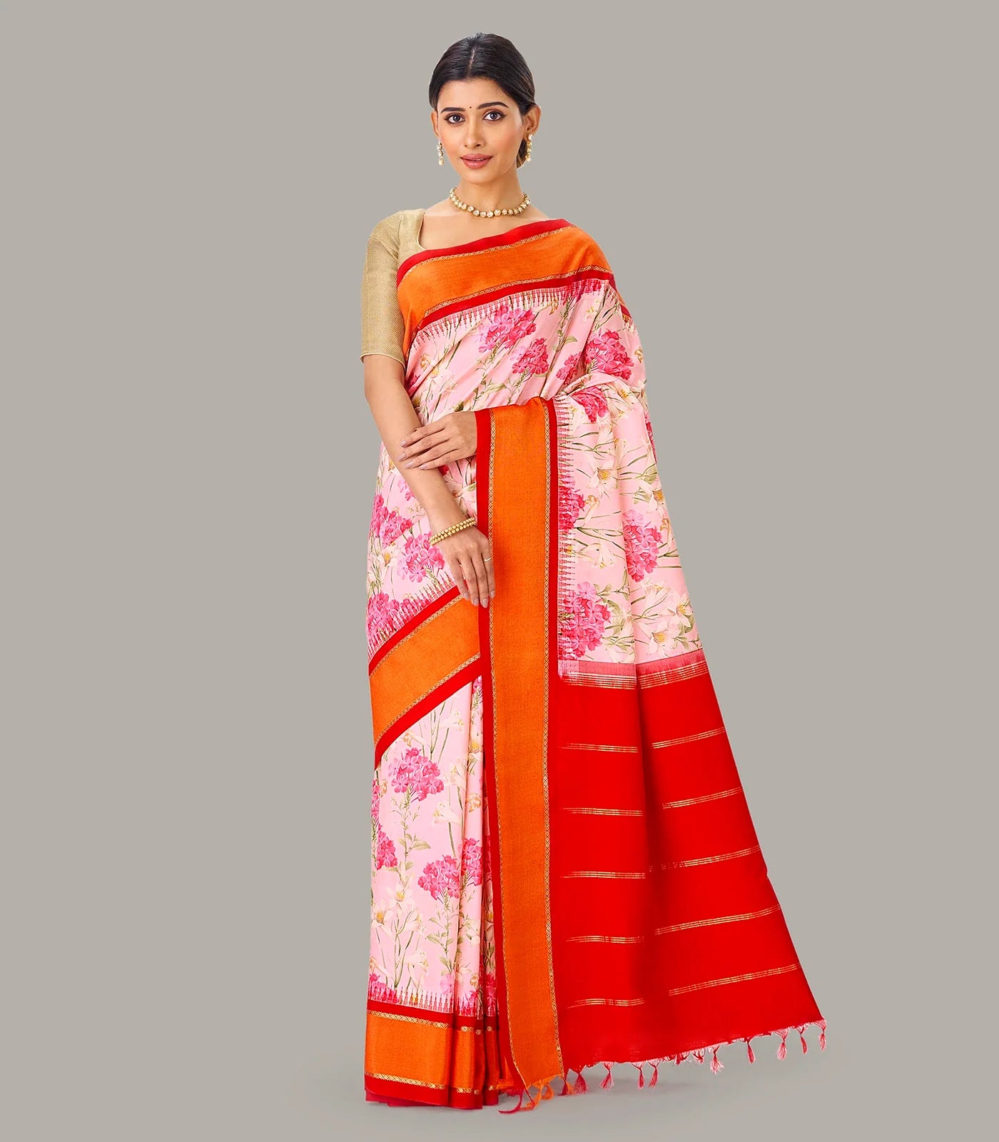 Baby Pink Handloom Silk Saree With Printed Floral Motifs & Red Border