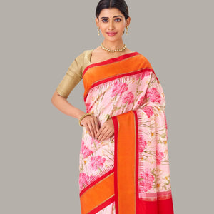 Baby Pink Handloom Silk Saree With Printed Floral Motifs & Red Border