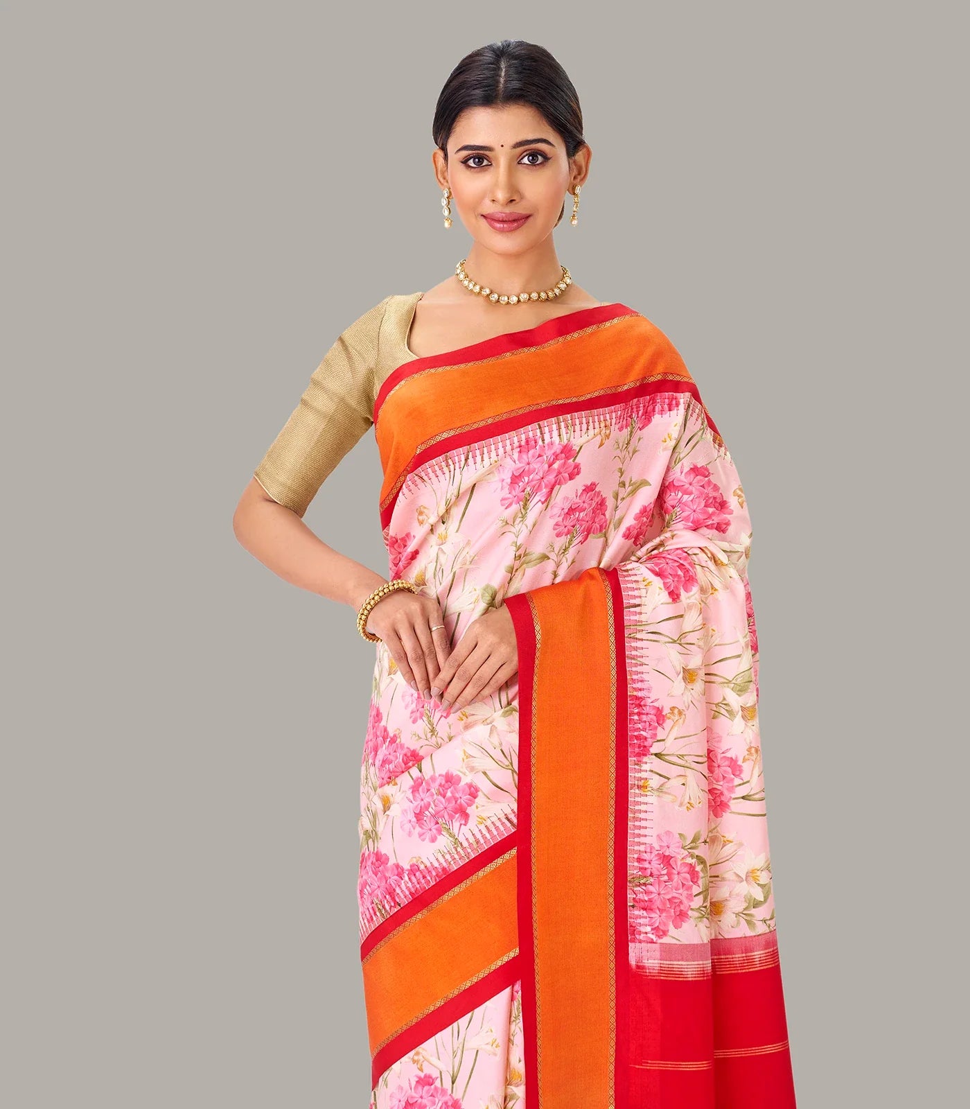 Baby Pink Handloom Silk Saree With Printed Floral Motifs & Red Border