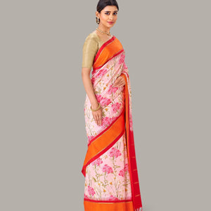 Baby Pink Handloom Silk Saree With Printed Floral Motifs & Red Border