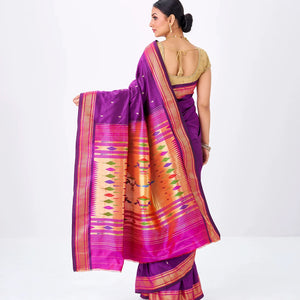Magenta Handloom Paithani Silk Saree With Mango Buttas-Magenta