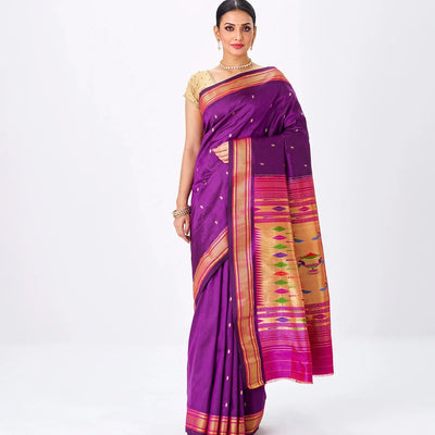 Magenta Handloom Paithani Silk Saree With Mango Buttas-Magenta