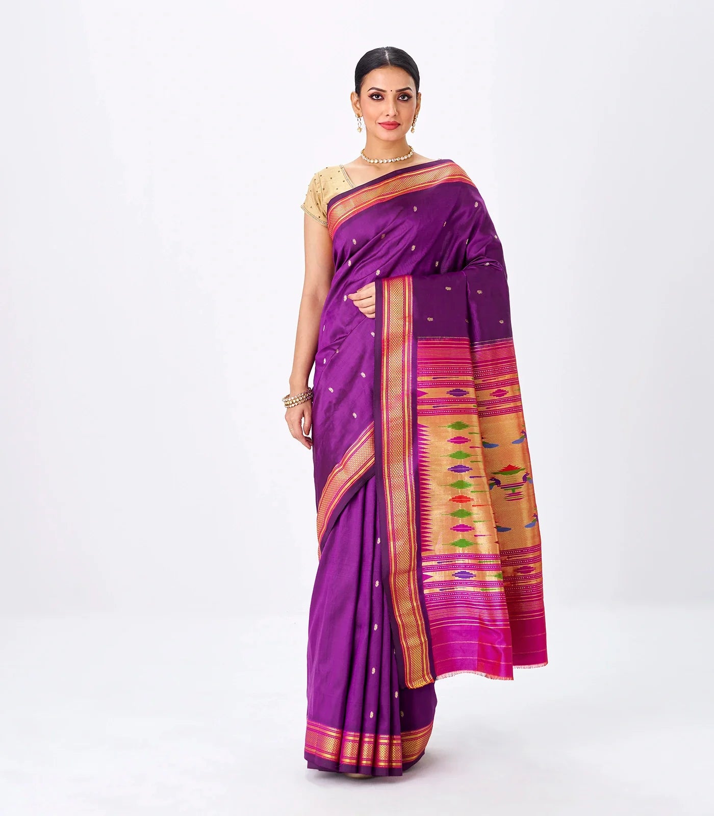 Magenta Handloom Paithani Silk Saree With Mango Buttas-Magenta