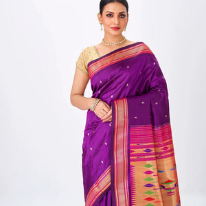 Magenta Handloom Paithani Silk Saree With Mango Buttas-Magenta