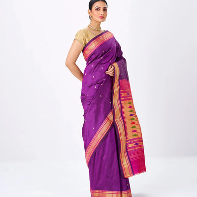 Magenta Handloom Paithani Silk Saree With Mango Buttas-Magenta