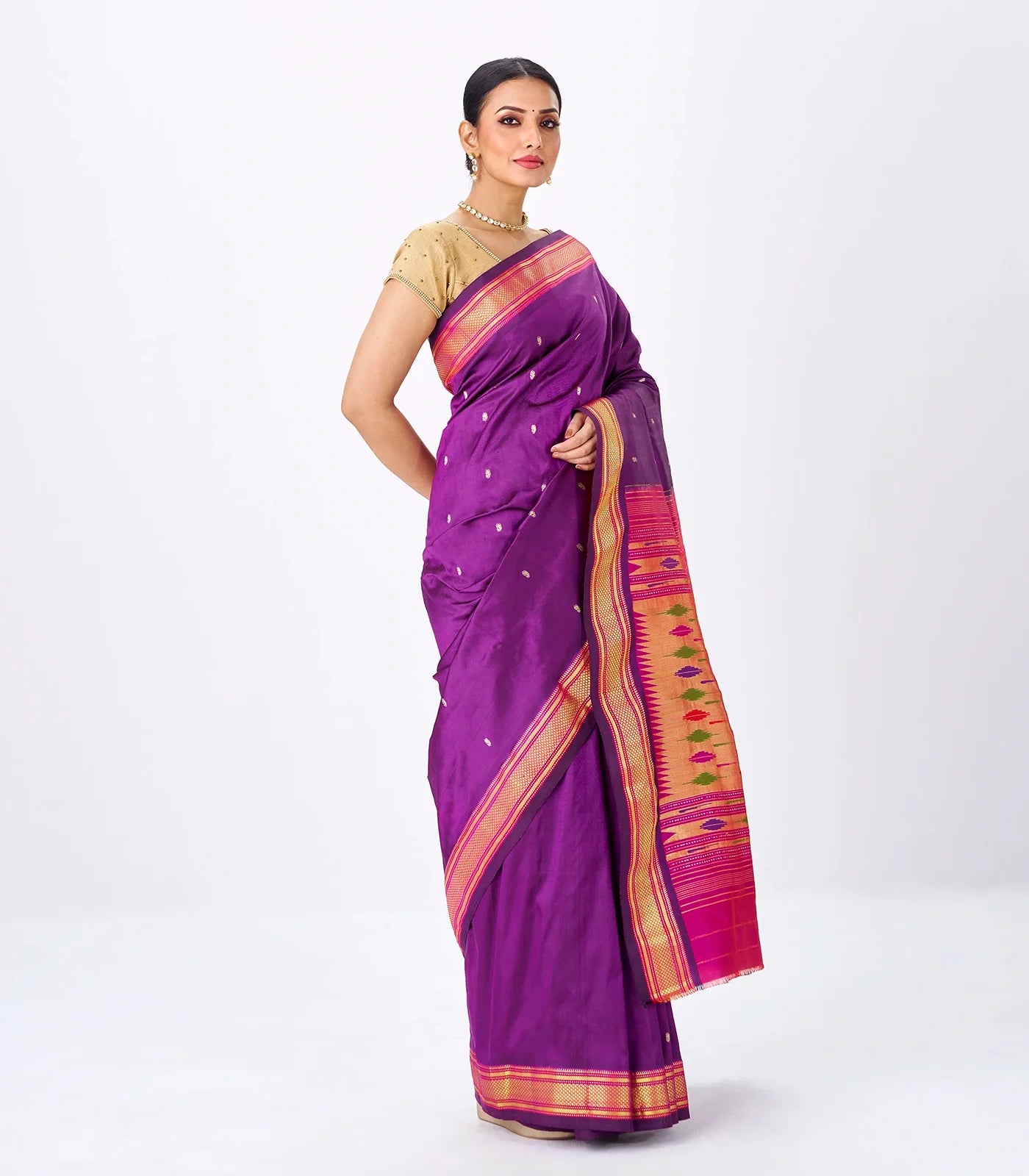 Magenta Handloom Paithani Silk Saree With Mango Buttas-Magenta