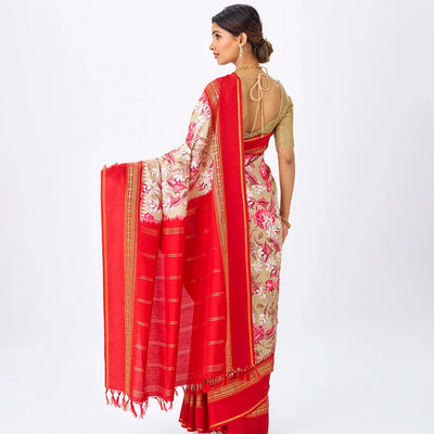Beige Handloom Silk Saree With Printed Floral Motifs & Red Border