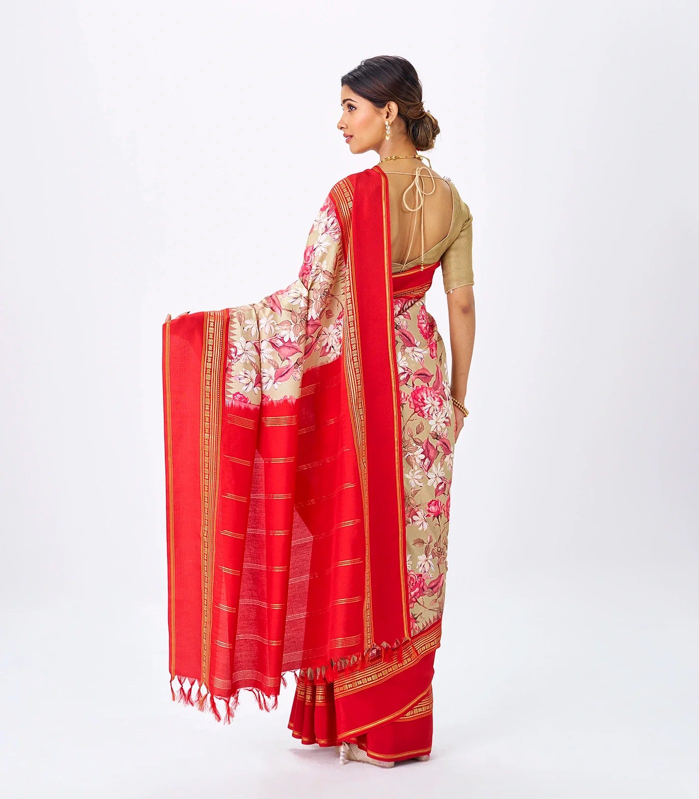 Beige Handloom Silk Saree With Printed Floral Motifs & Red Border