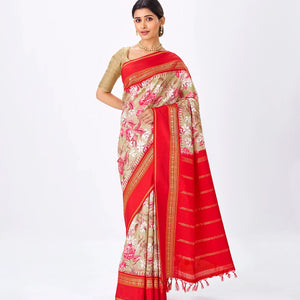 Beige Handloom Silk Saree With Printed Floral Motifs & Red Border