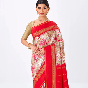 Beige Handloom Silk Saree With Printed Floral Motifs & Red Border