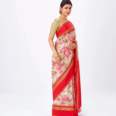 Beige Handloom Silk Saree With Printed Floral Motifs & Red Border