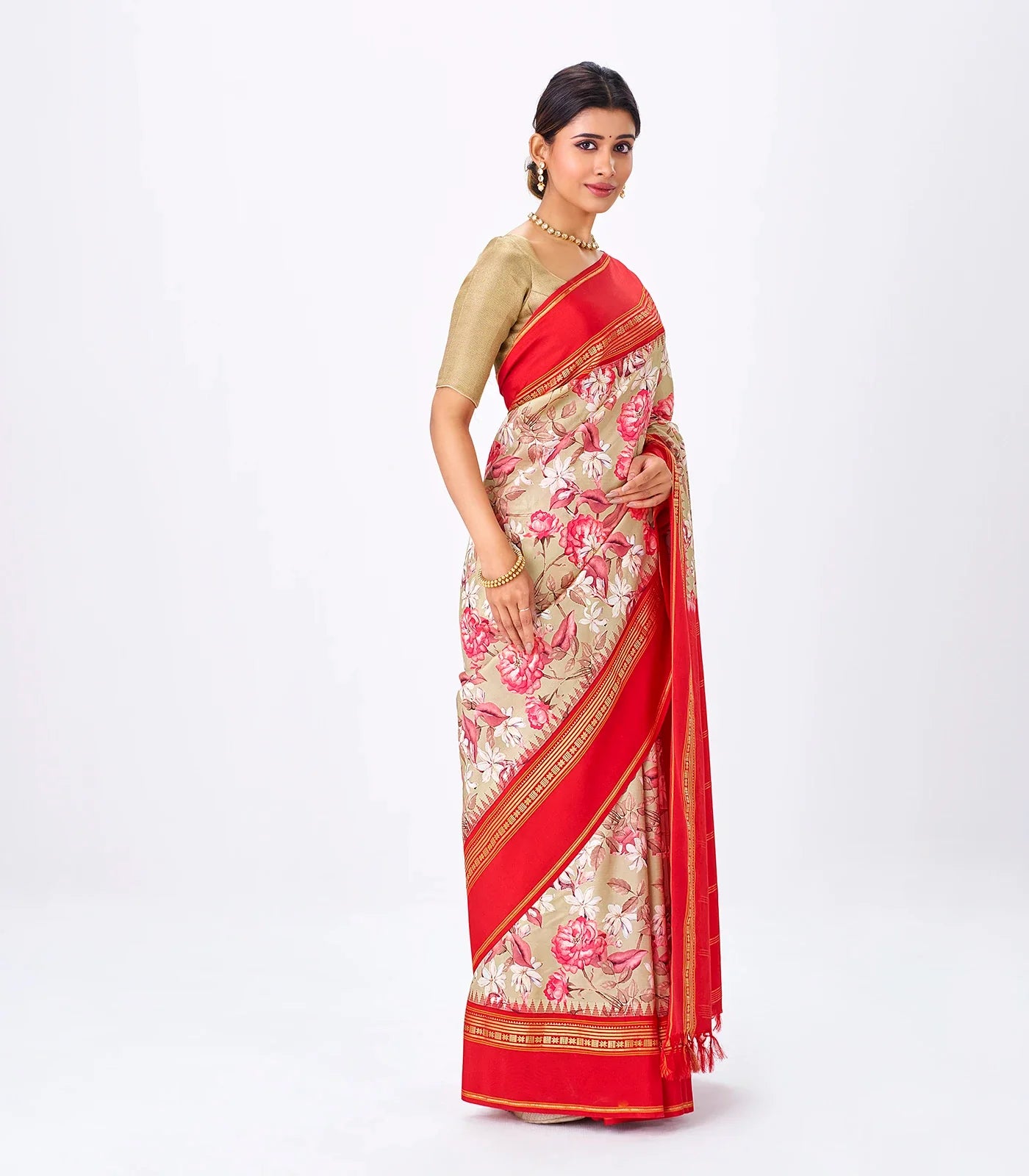 Beige Handloom Silk Saree With Printed Floral Motifs & Red Border