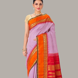 Off White Handloom Kanchipuram Korvai Silk Saree With Checks
