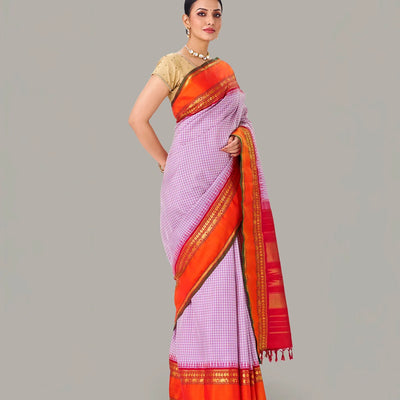 Off White Handloom Kanchipuram Korvai Silk Saree With Checks