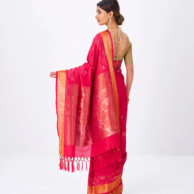 Red Handloom Uppada Silk Saree With Peacock Zari Buttas