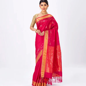 Red Handloom Uppada Silk Saree With Peacock Zari Buttas