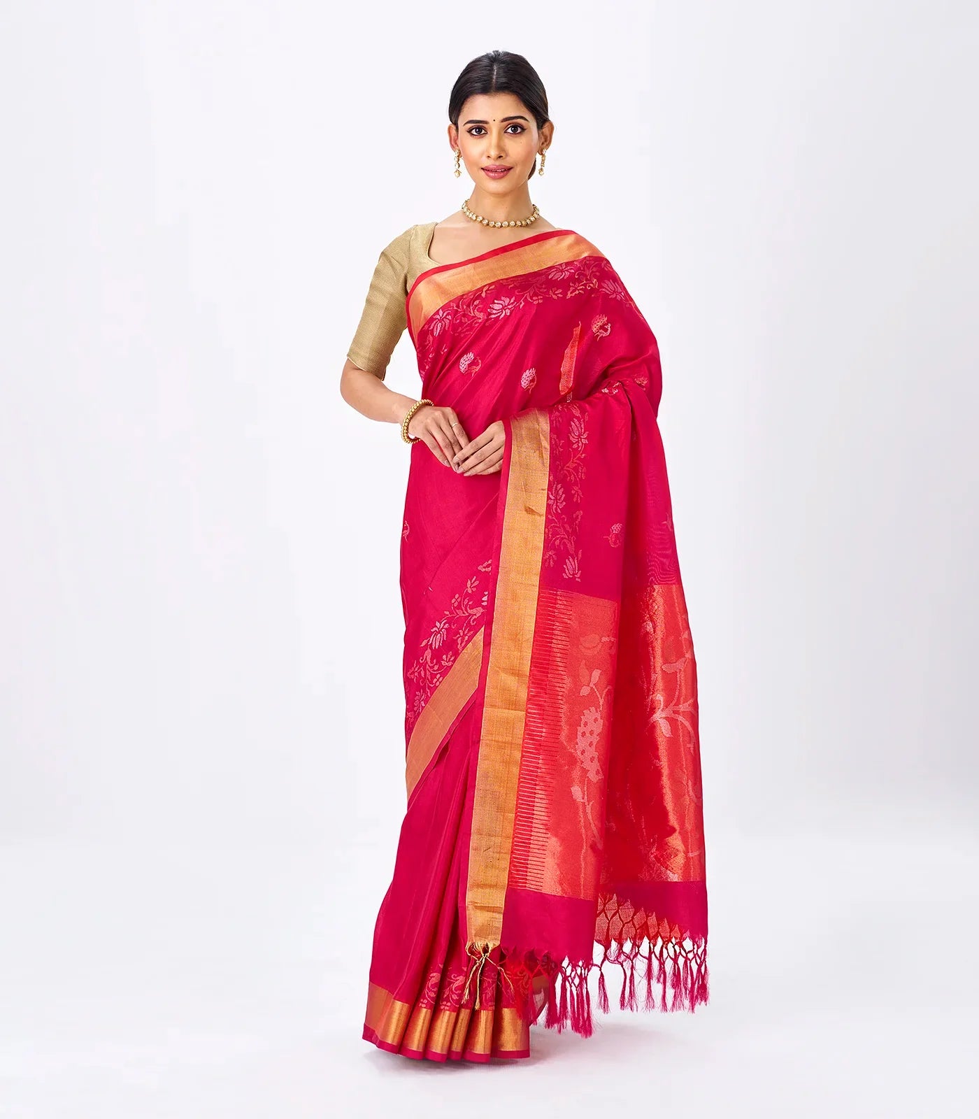 Red Handloom Uppada Silk Saree With Peacock Zari Buttas