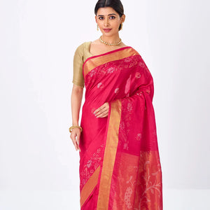 Red Handloom Uppada Silk Saree With Peacock Zari Buttas