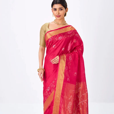 Red Handloom Uppada Silk Saree With Peacock Zari Buttas