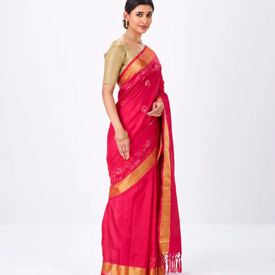 Red Handloom Uppada Silk Saree With Peacock Zari Buttas